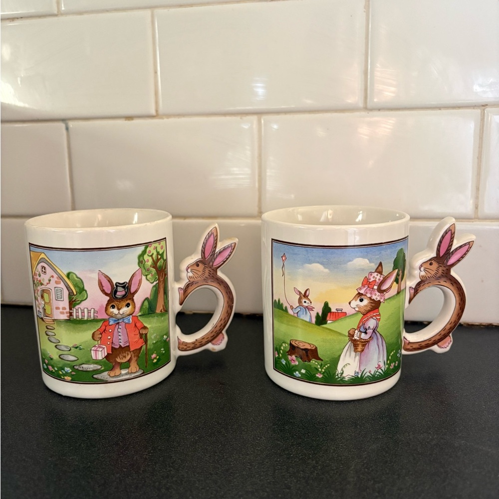 Vintage PETER RABBIT Shaped 3D Handle Easter Bunny Coffee Mug Set Of 2